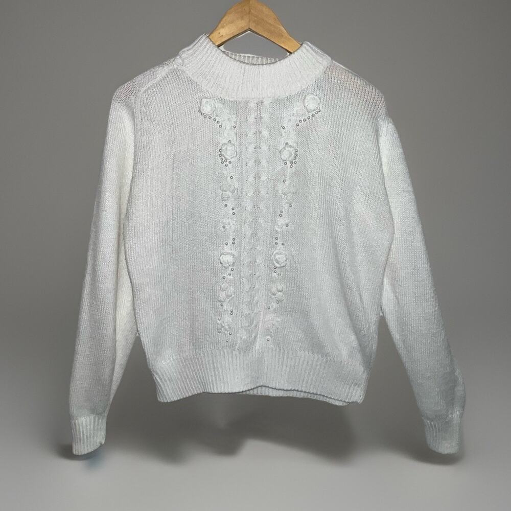 Romantic Floral Sweater Cottagecore Mock Neck White Beaded Pullover S Soft